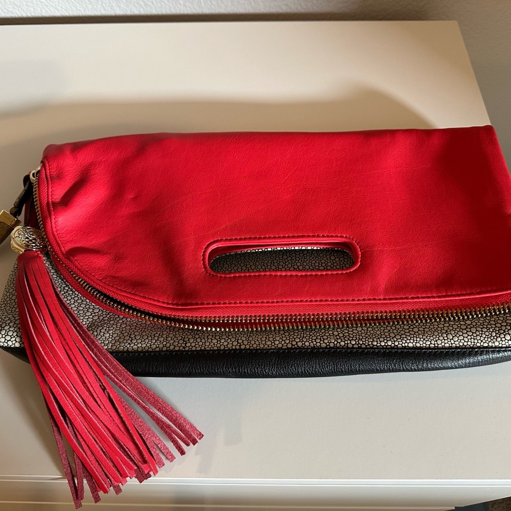Vince Camuto Large Red and Black Clutch with Tassel